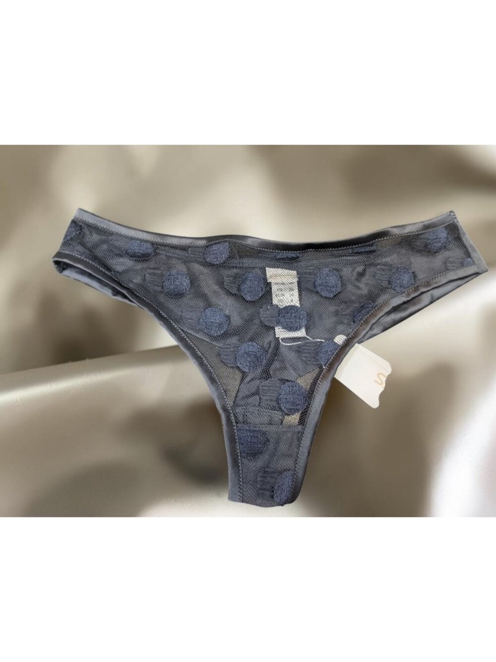 ERES AUTAN BULE SATIN TRIMMED POLKA DOT LACE THONG STRING  NAVY UNDERWEAR SIZE 3